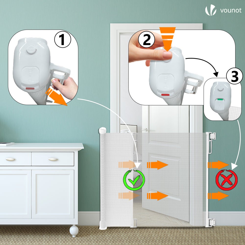 Barrière de sécurité rétractable à 180cm blanc - Double verrouillage à une main - Pour bébé enfant et chien - VOUNOT® - 3