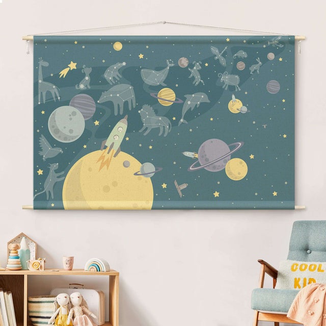 Tenture murale - Planètes avec signes du zodiaque et fusées 185 x 125 cm