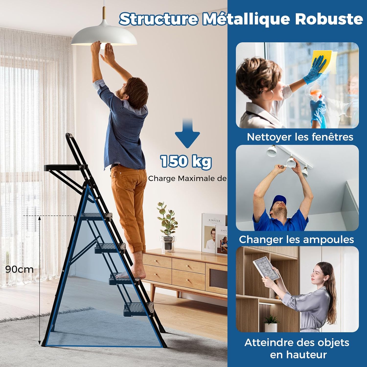 Escabeau Métallique 4 Marches avec Plateau Porte-Outils, Échelle Pliante avec Pédales Larges Antidérapantes Patins, Charge 150KG - 4