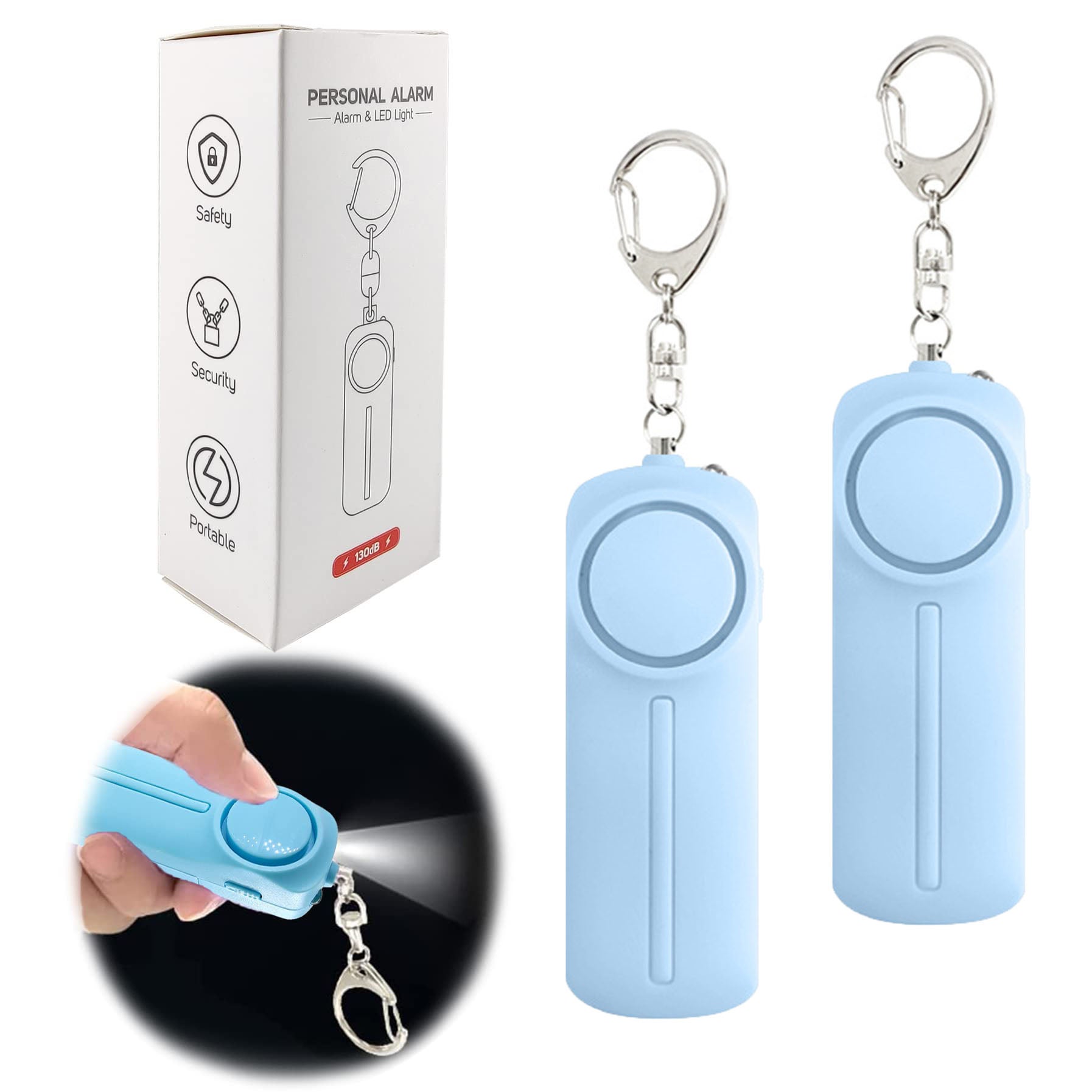 2 szt. mini alarm osobisty, syrena alarmowa bezpieczeństwa, ze światłem LED, głośność 130 dB, materiał ABS, jasnoniebieski