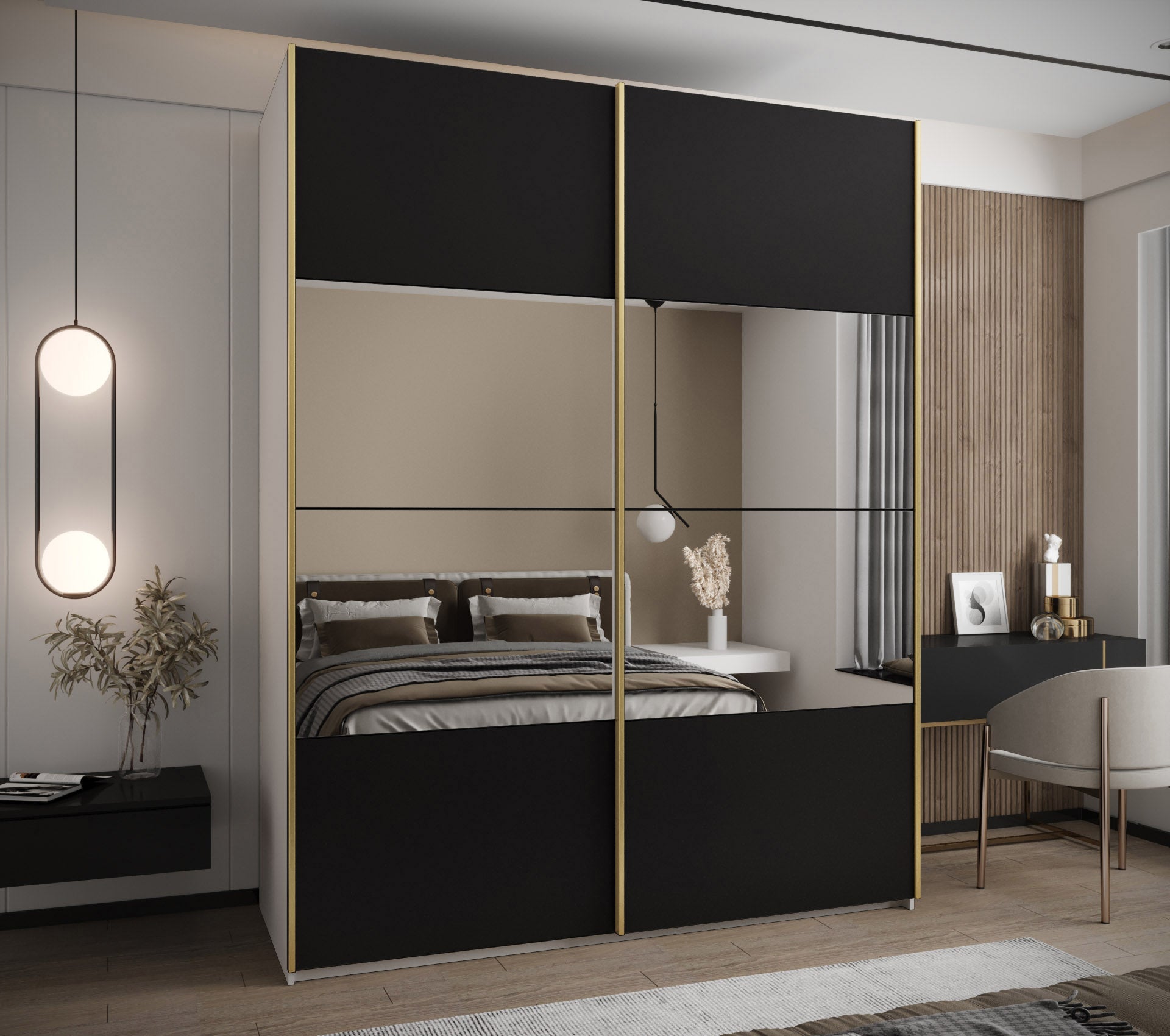 Szafa przesuwna wysoka Lux 4 190 x 64 x 245,5 cm biały + czarny + u. złoty - Abiks Meble - 2