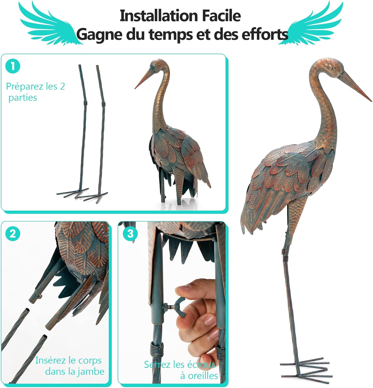 Statue de Grue Debout Lot de 2 pour Jardin Cadre en Métal Imperméable, Sculptures Extérieure Plumes de Couleur Dégradée Animaux Realiste - 5
