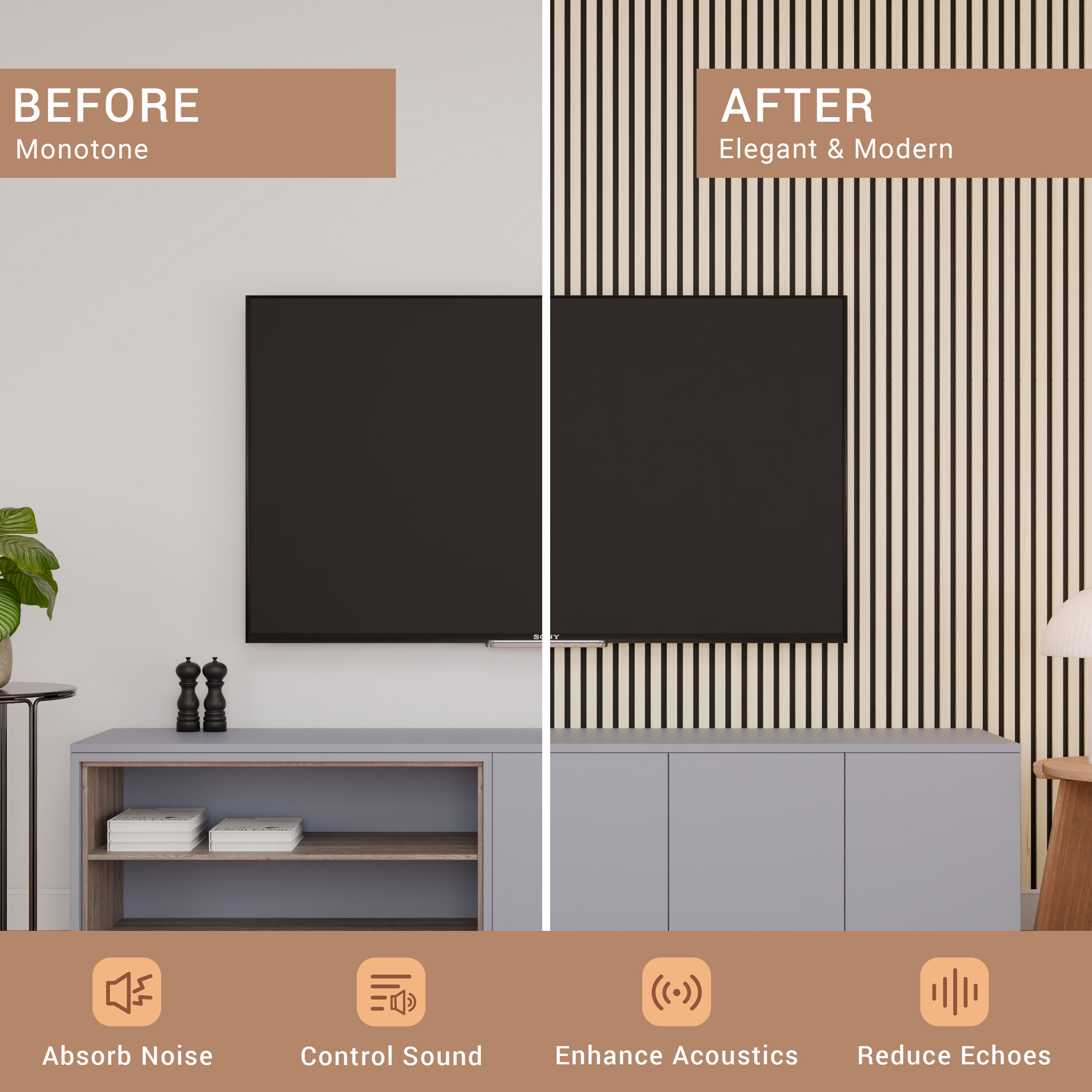 Lot 5 pièces Panneau Acoustique - Chêne Clair - Feutrine Noir - 240x60cm - 6