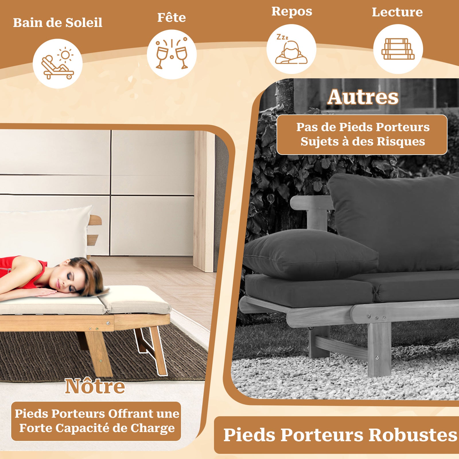 3 en 1 Canapé Convertible Lit Jardin 2 Places-Bois d’acacia-FSC, Canapé Extensible Coussins Amovibles-Charge 320KG pour Balcon/Terrase, Blanc GIANTEX - 8