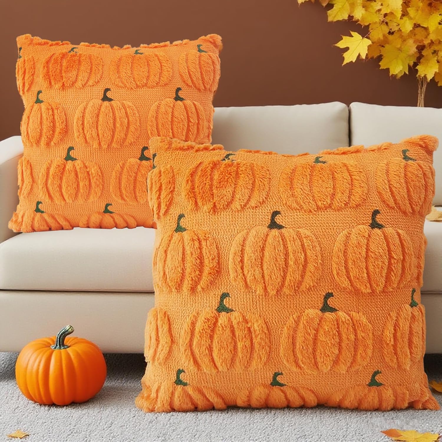 Housses de Coussin Déco Automne 45x45cm, 2Pièces Citrouille Citrouille Taies d'oreiller Décoration d'automne, pour Canapé Salon Chambre - 2