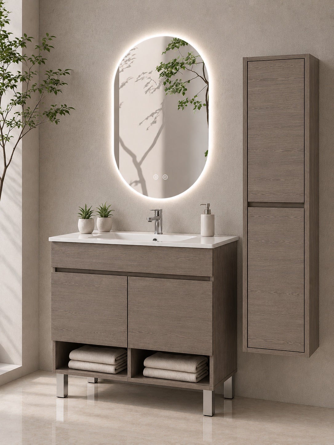 Mobilier de baie cu picioare cu lavoar ORIGENBATH NEBARI cu picioare și uși cu coloană 100x40 cm stejar smoky cu coloană