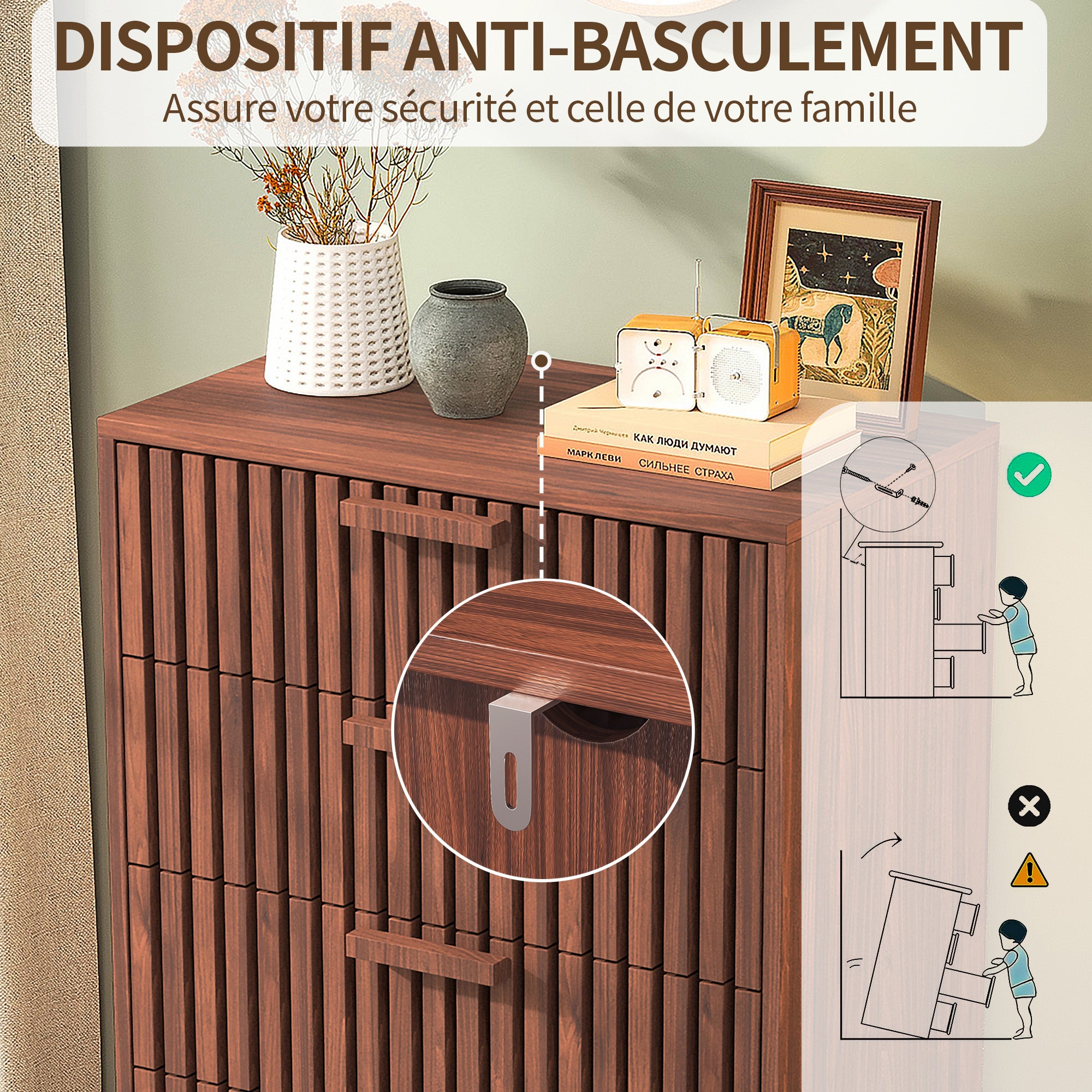 Commode avec 4 tiroirs, COZY, commode de chambre en bois, pieds en bois, 60x34x91 cm, Aspect bois, pour chambre salon, Bois noyer - 4