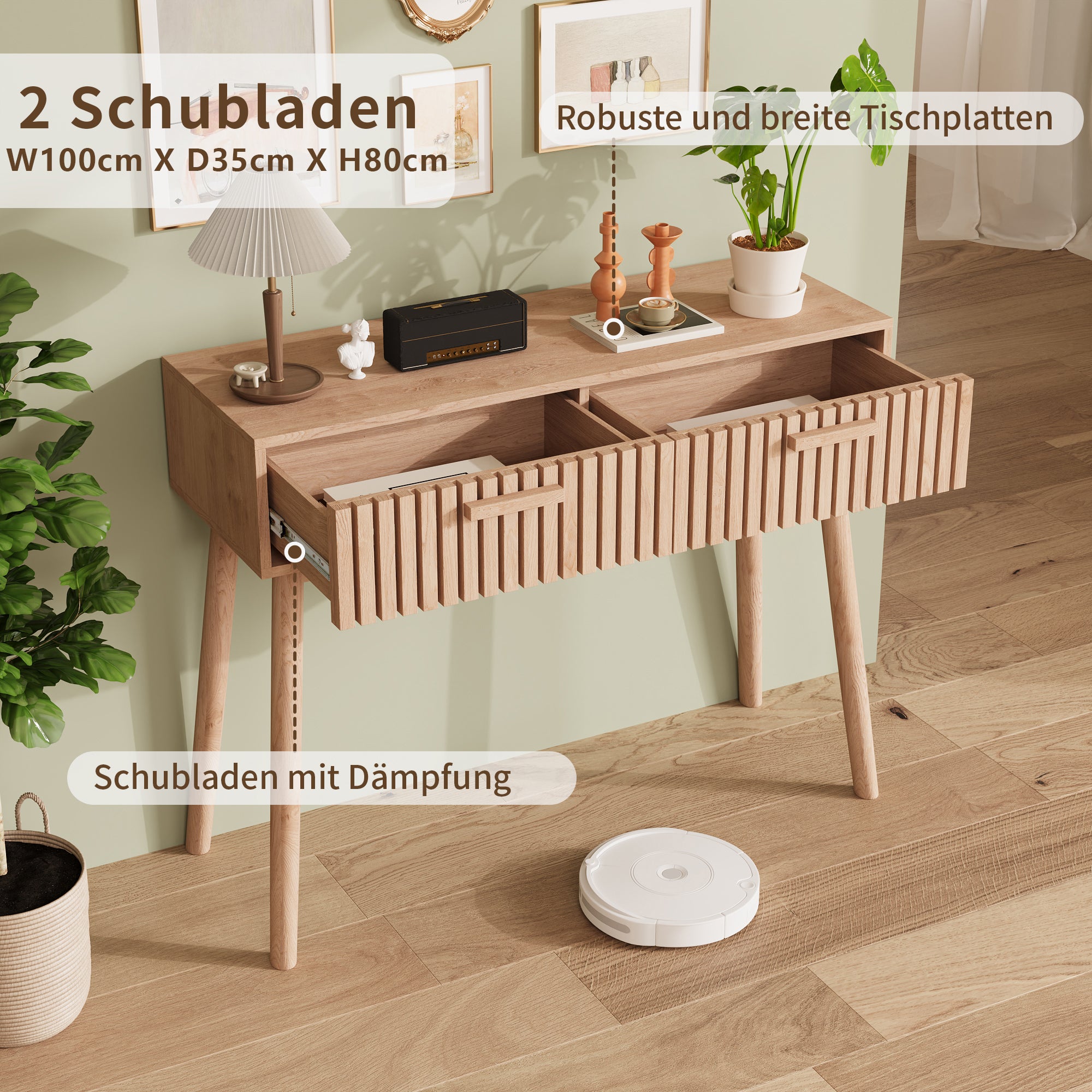 Console en Bois avec 2 Tiroirs pour Salon ou Entrée, Style naturel, Table Console, Table d’Appoint, 100x35x80cm - 4