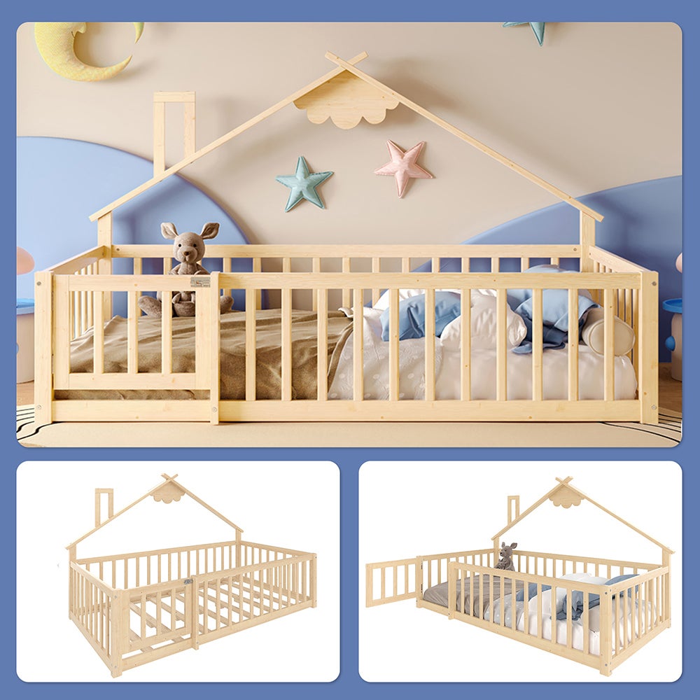 Lit cabane lit enfant 90x190 cm bordure barrière avec serrure bois de pin naturel - 8