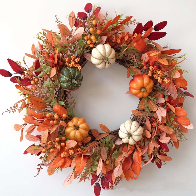 Corona de puerta principal de 40 cm con calabazas artificiales, decoración para el Festival de la Cosecha de Otoño, ideal para jardín.