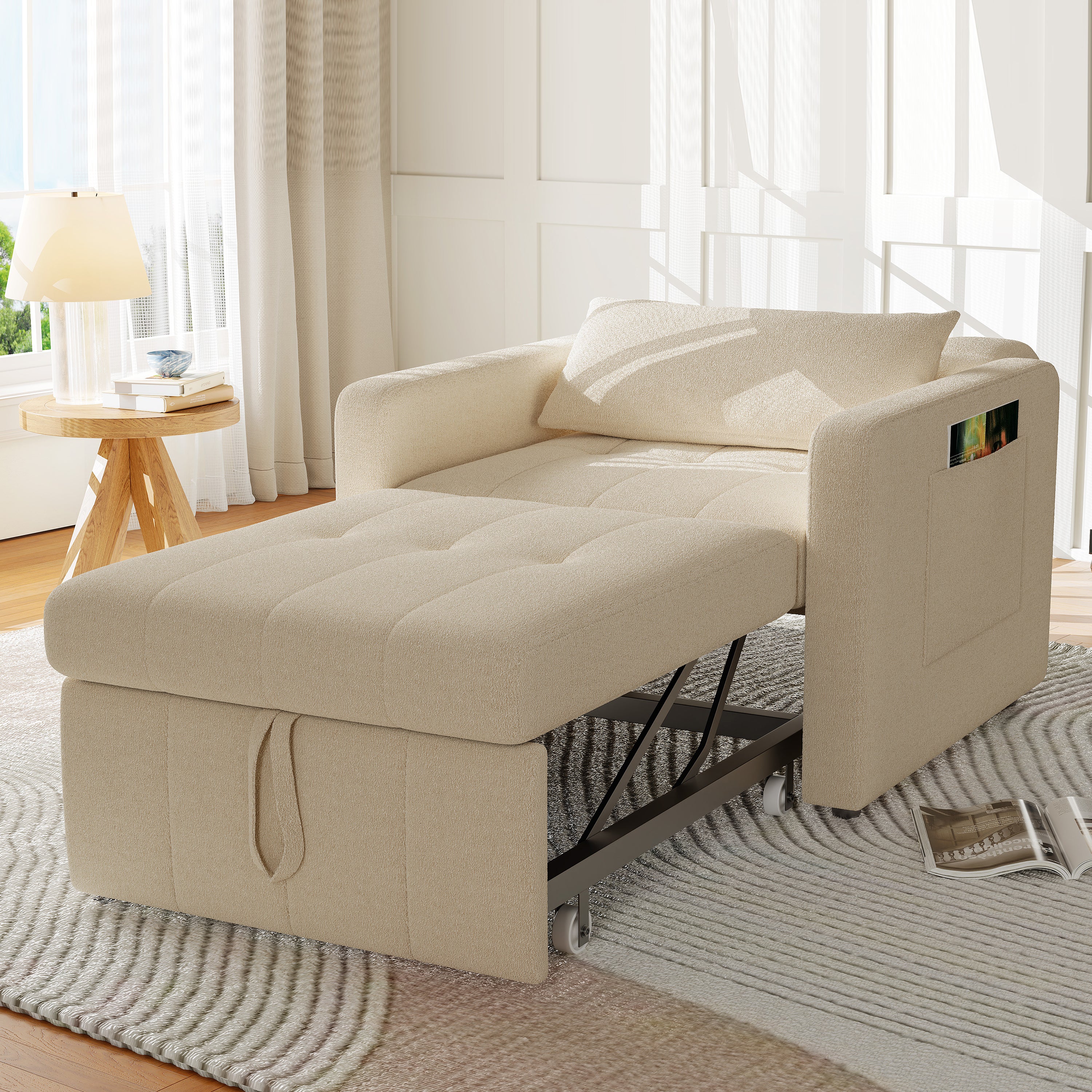 Canapé-lit 1 place pliant - fauteuil - dossier réglable, avec table d'appoint rabattable et poches latérales, tissu chenille - beige - 2