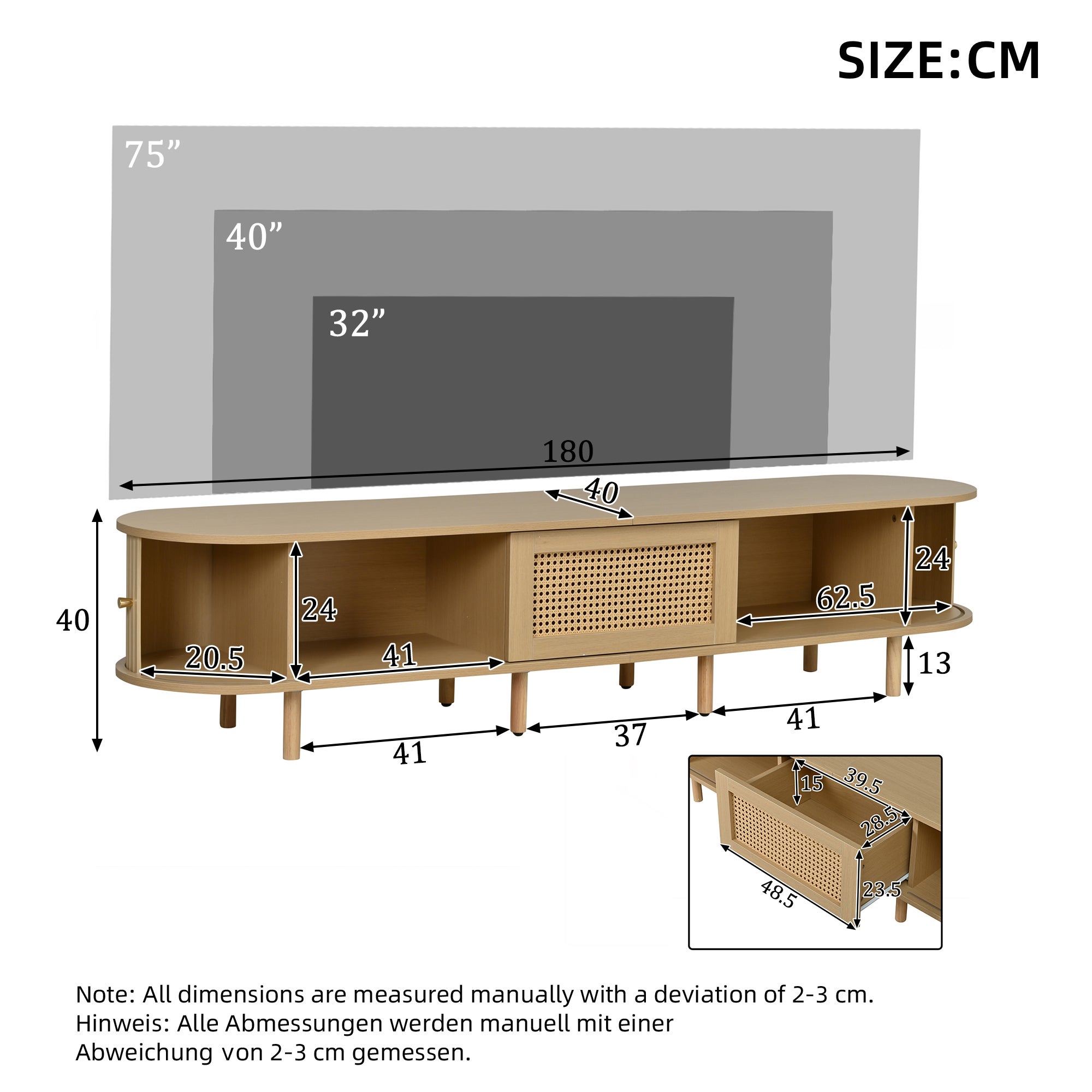 Stolik pod telewizor z 2 drzwiami przesuwnymi, 1 szufladą z efektem rattanu i regulowanymi nóżkami - MDF - 180 x 40 x 40 cm - Jasne drewno - 7
