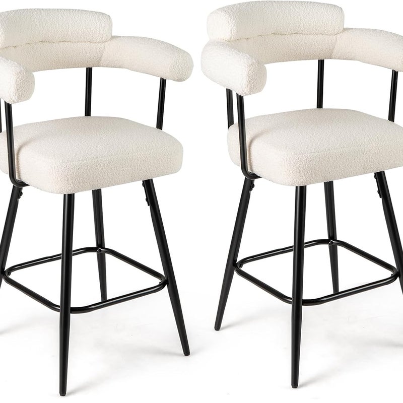 Zestaw 2 Obrotowych Stołków Barowych 360°, Krzesło Barowe z Tkaniny Pętelkowej, Zakrzywione Oparcie i Podłokietniki, Solidna Metalowa Podnóżka (Biała)