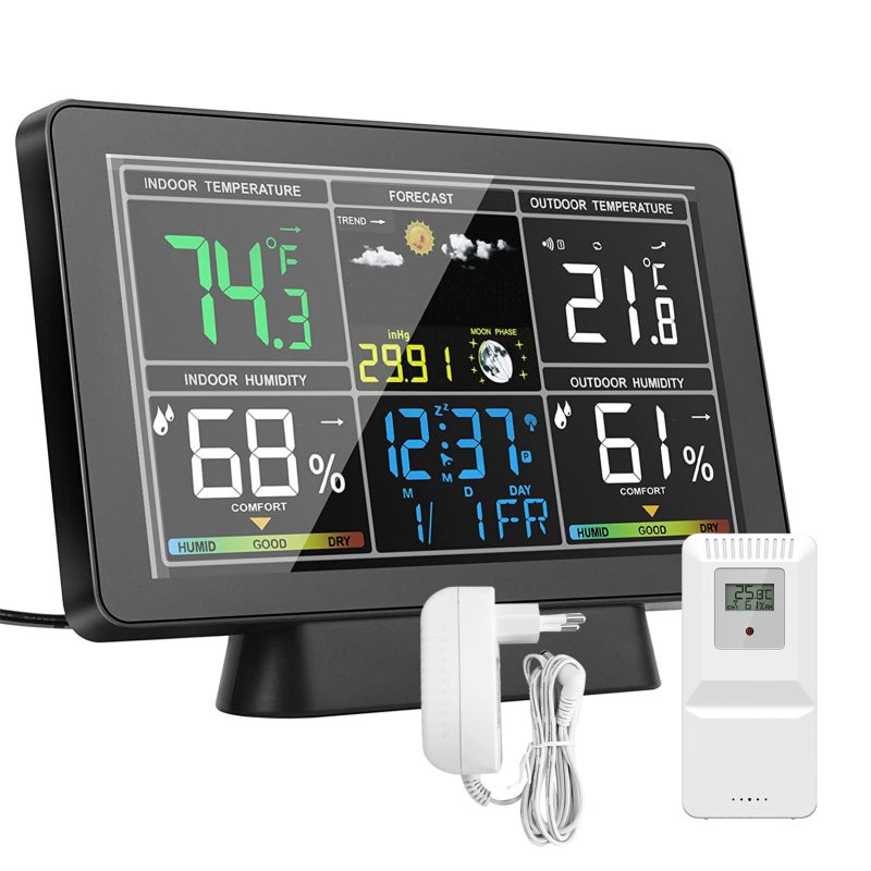 Station Météo Numérique Lcd Yj-5003, Horloge Électronique Avec Capteur Sans Fil Affichage De Temperature Et De Couleur 98980898
