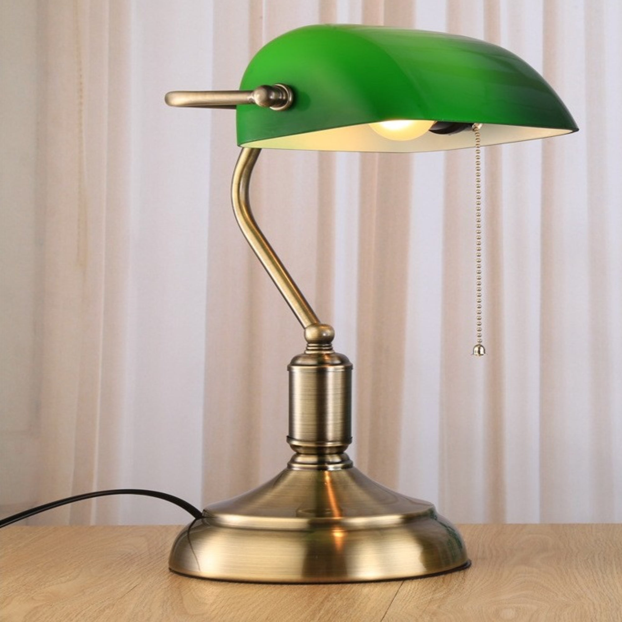 FISHTEC - Lampe banquier verte vintage - opaline inclinable - E27 60W - cuivre/laiton - chaînette - 38x26,5 cm - 6