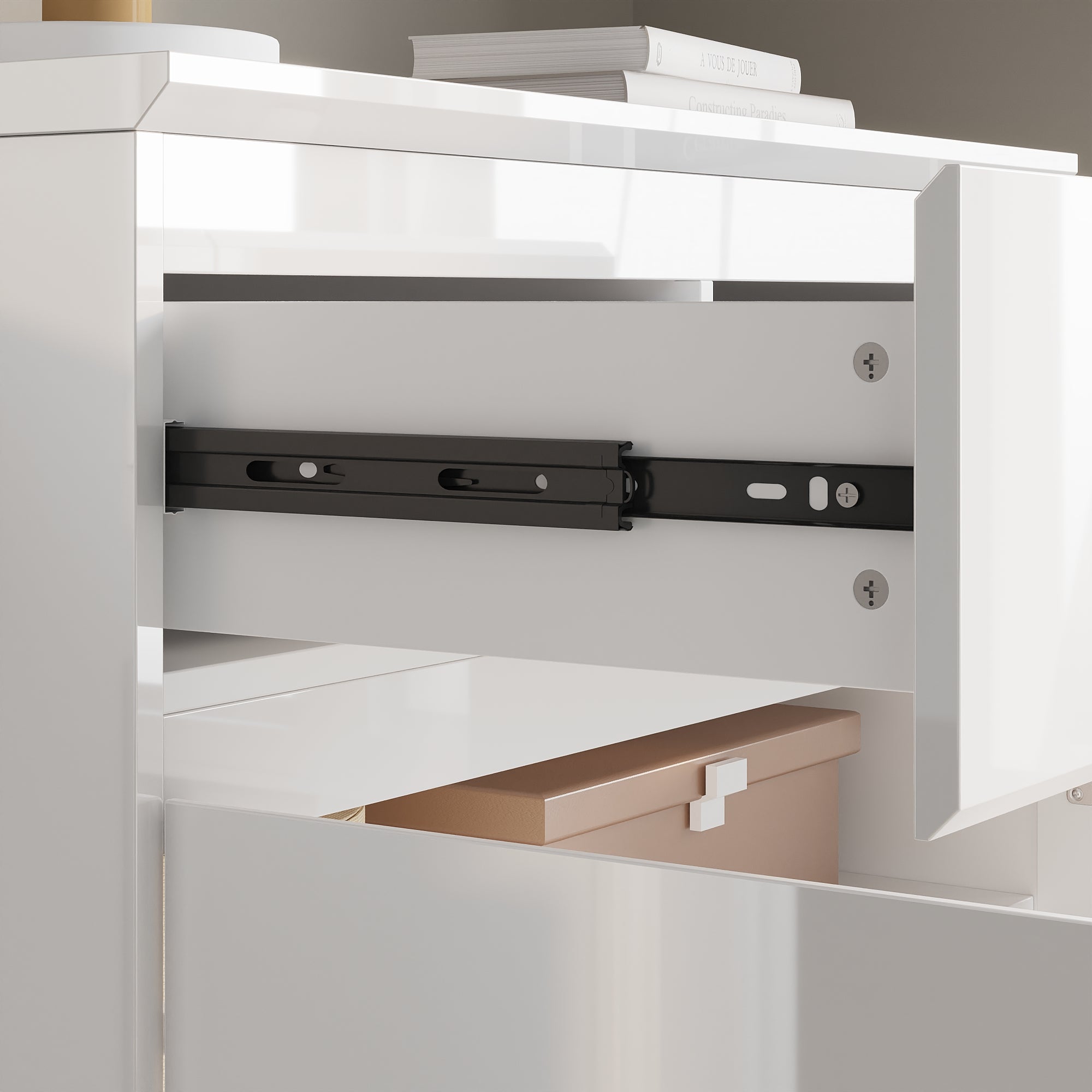 Buffet de Salon avec 2 Portes et 2 Tiroirs, Petit Rangement de Chambre sans Poignée, 80 x 40 x 103, Blanc Brillant - 5