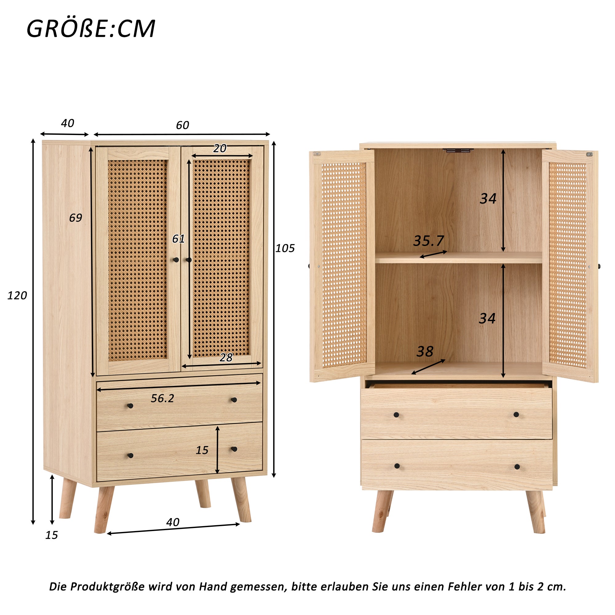 Meubles de rangement pour vaisselles 60 x 40 x 120 cm - 2 Portes En Rotin Et 2 Tiroirs - Naturel - 4