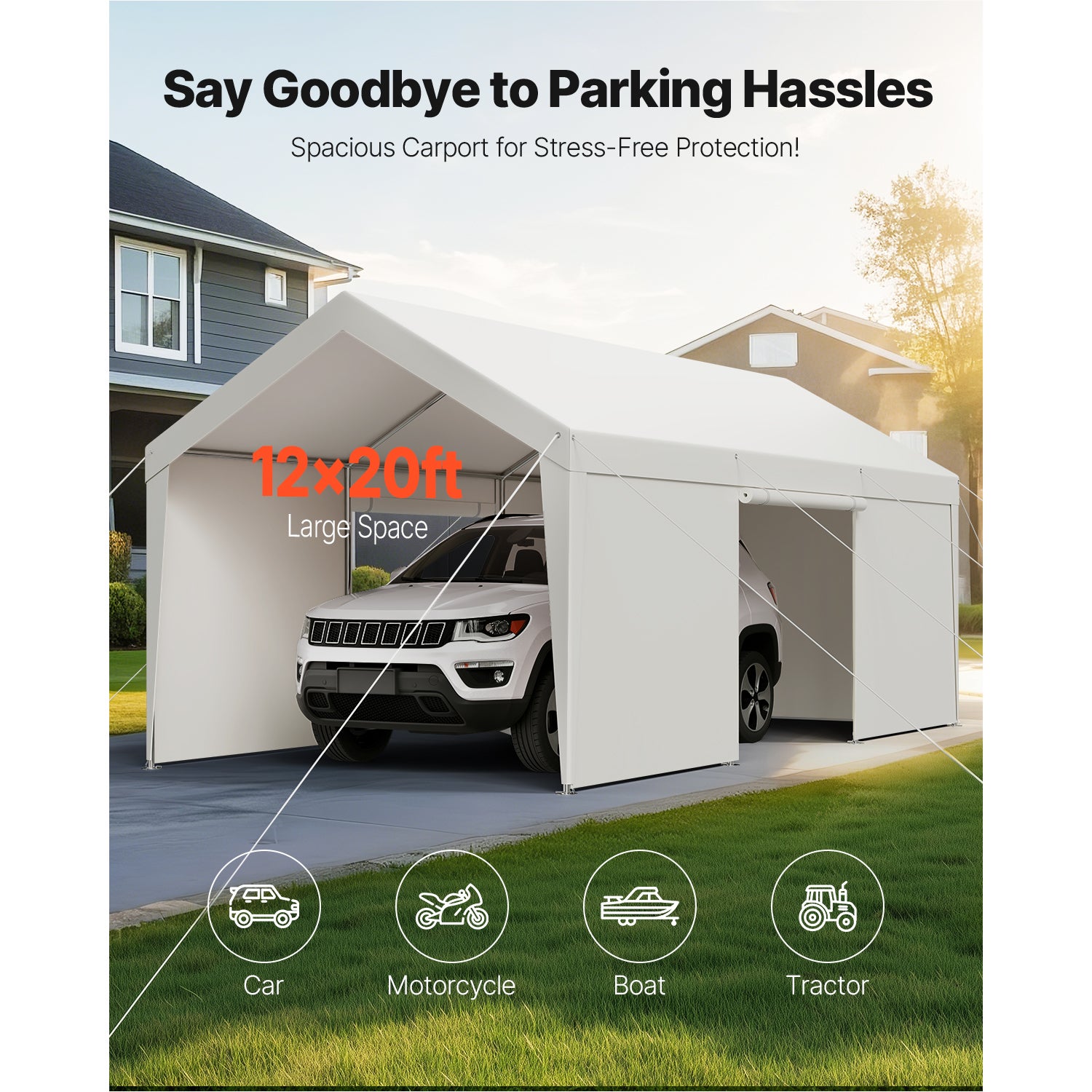 Tente Garage SucceBuy 3,65 x 6,09 m, Carport Abri de Voiture Exterieur avec Parois Laterales Amovibles et Portes, Resistant aux UV et a lEau - 2