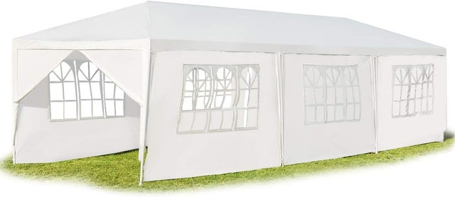 Tonnelle de Jardin/Tente de Réception 3x9m-27㎡ PE Barnum Imperméable avec Fenêtres 8 Bâches Amovibles, avec Piquets et Cordes