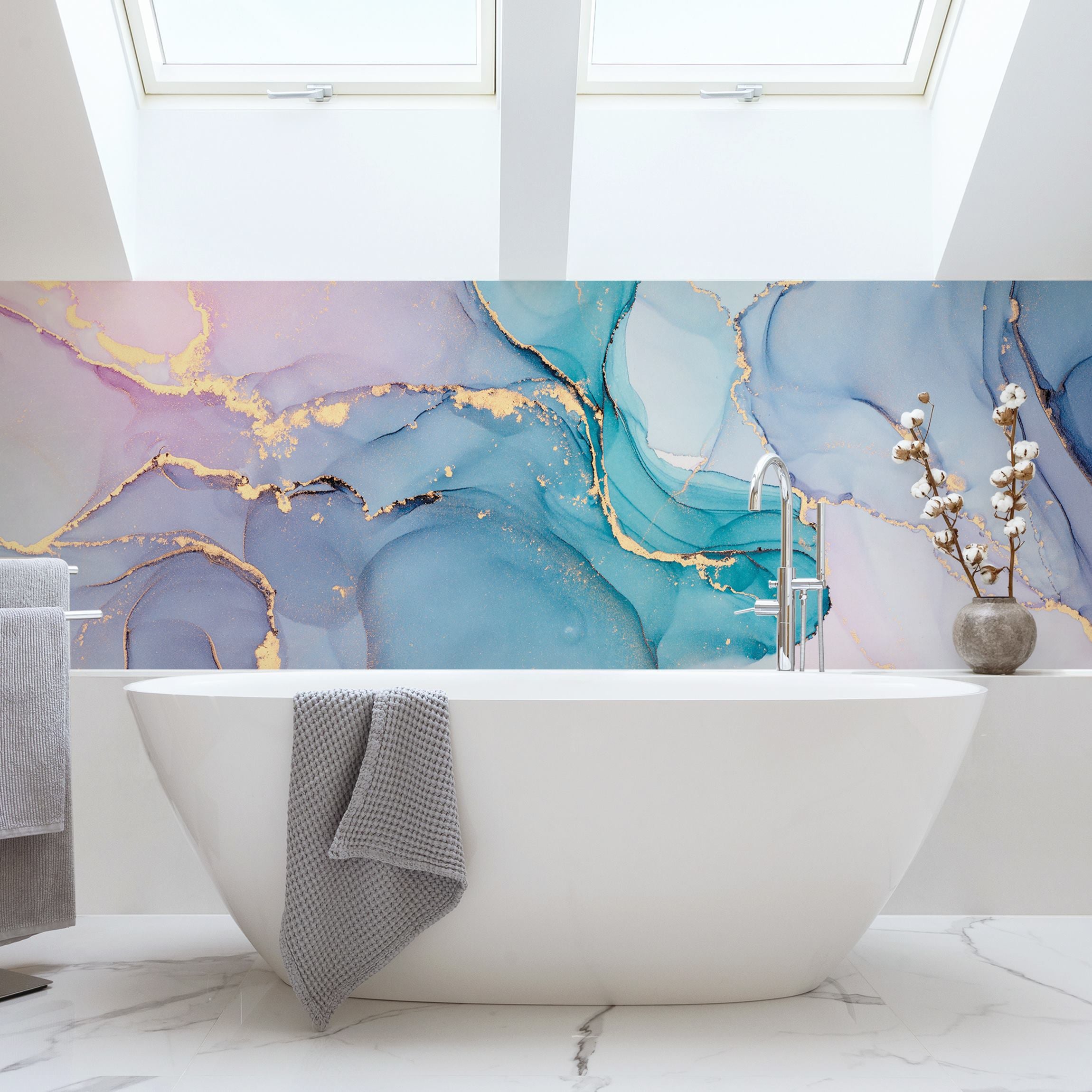 Panneau mural pour salle de bain - Aquarelle pastel turquoise avec or ...