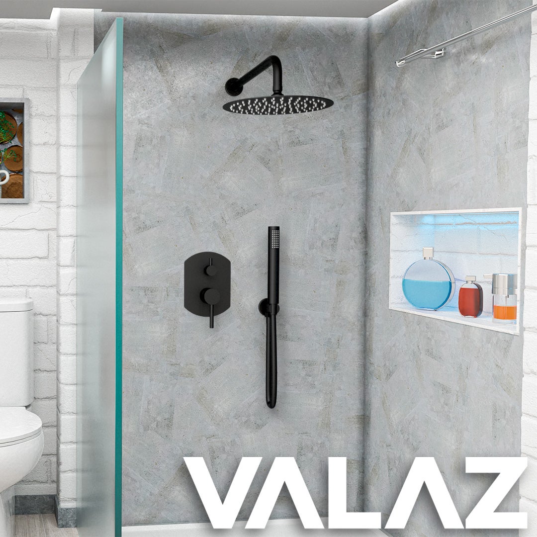 Valaz Douche murale ronde ovale noire mate à encastrer - Série Duero - 25 cm - 3