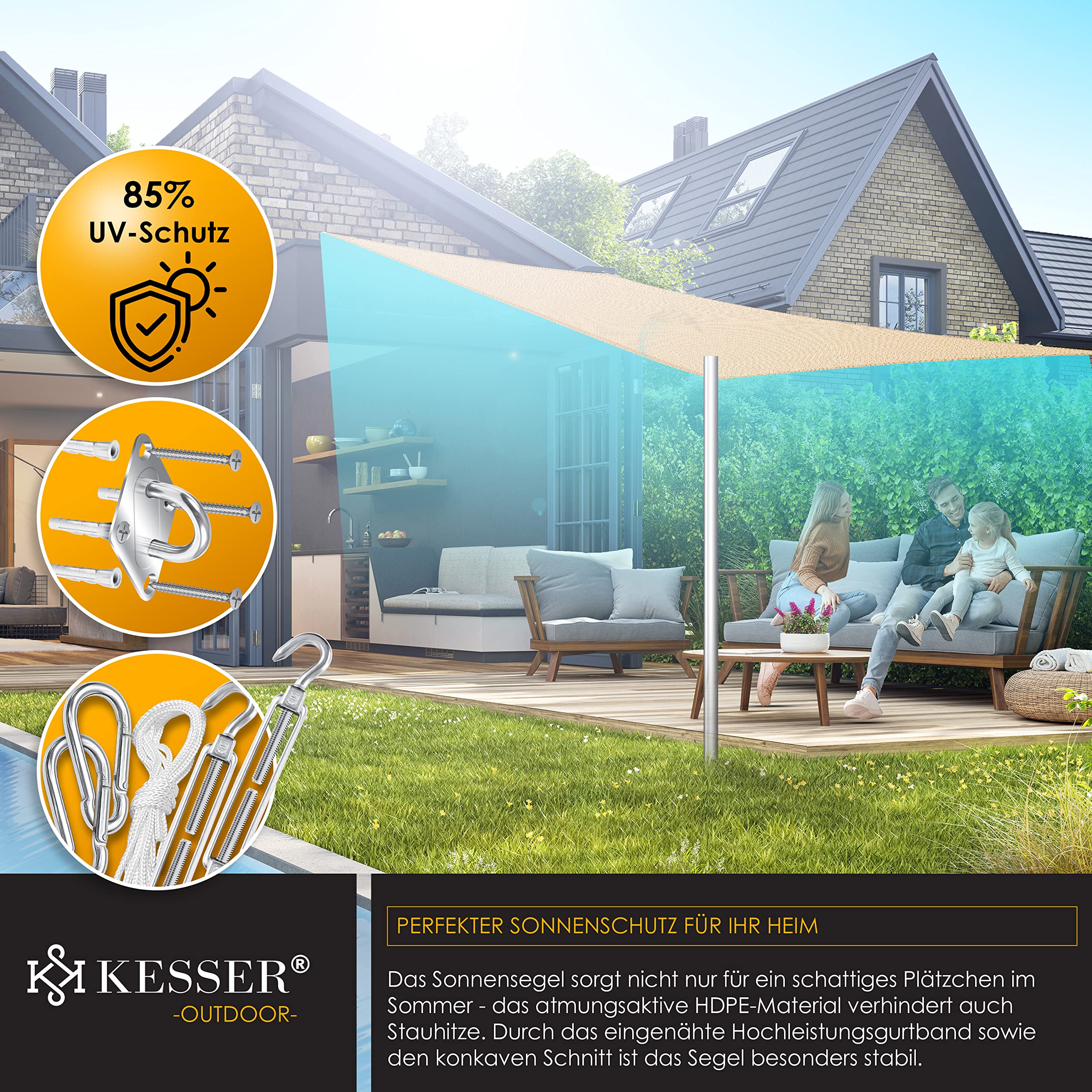 Voile d'ombrage avec accessoires, protection soleil/vent – Tissu HDPE – Auvent 3 x 4 m, auvent 5 plis cousus en croix pour balcon, terrasse, jardin - 5