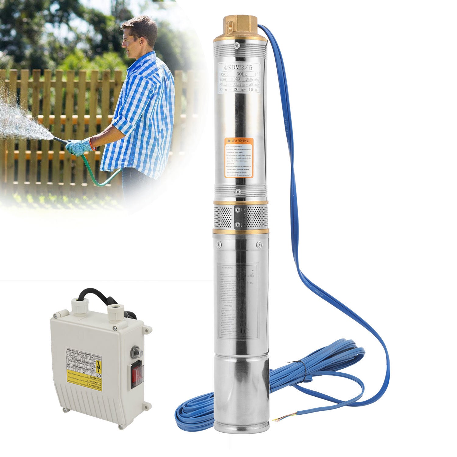 370 W Pompa zanurzeniowa do studni 4000 l/h 34 m Pompa wodna do głębokich studni ze stali nierdzewnej, pompa wodna elektryczna, 4,5"