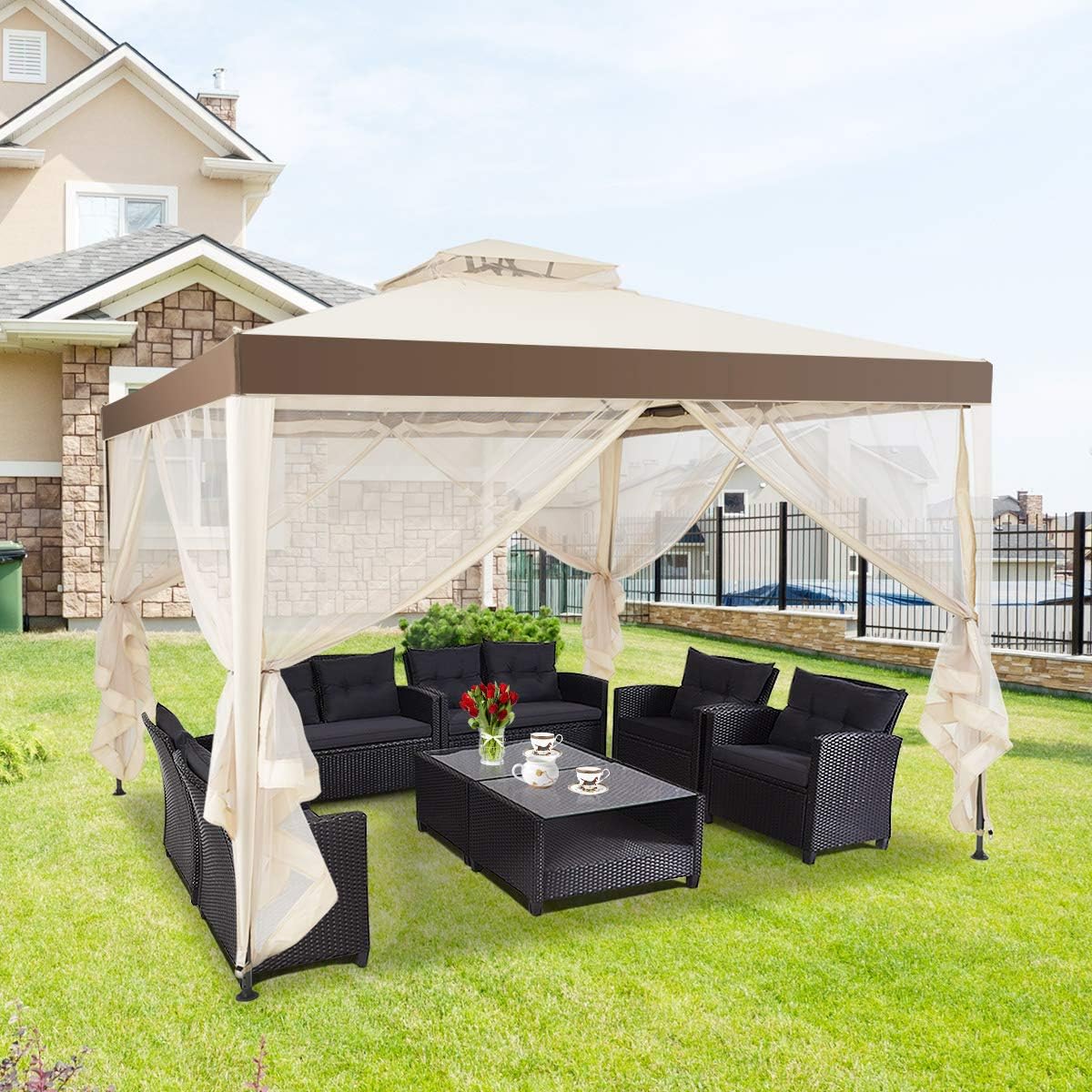 Pavillon de Jardin 3x3m UV50+, Tonnelle Autoportant Imperméable avec 4 Moustiquaires Amovibles pour Jardin/Terrasse/Réception, Beige - 8