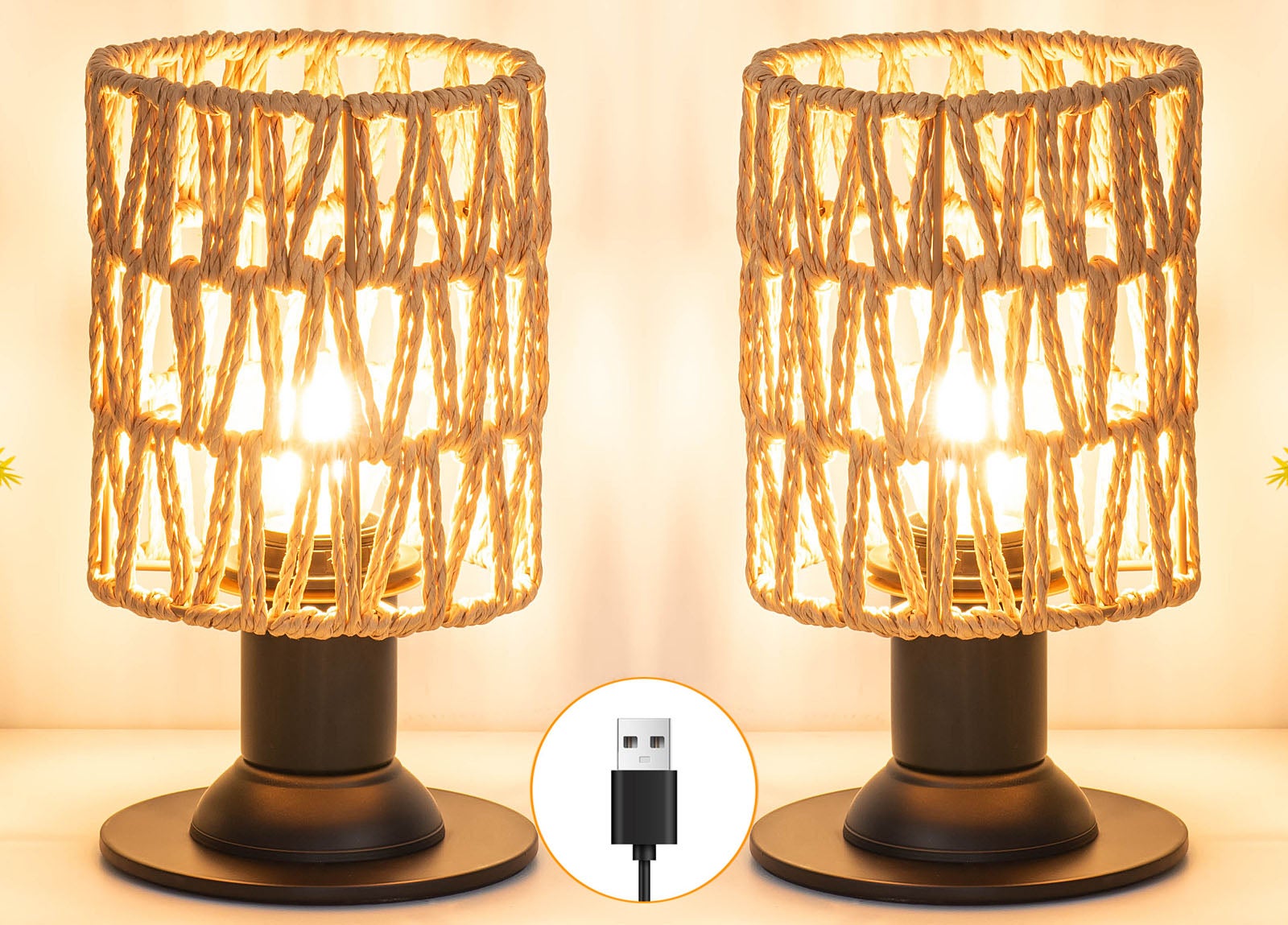 Zestaw dwóch trójkolorowych lamp stołowych USB z plecionego sznura konopnego (żarówka w zestawie), na tarasy, do restauracji itp.