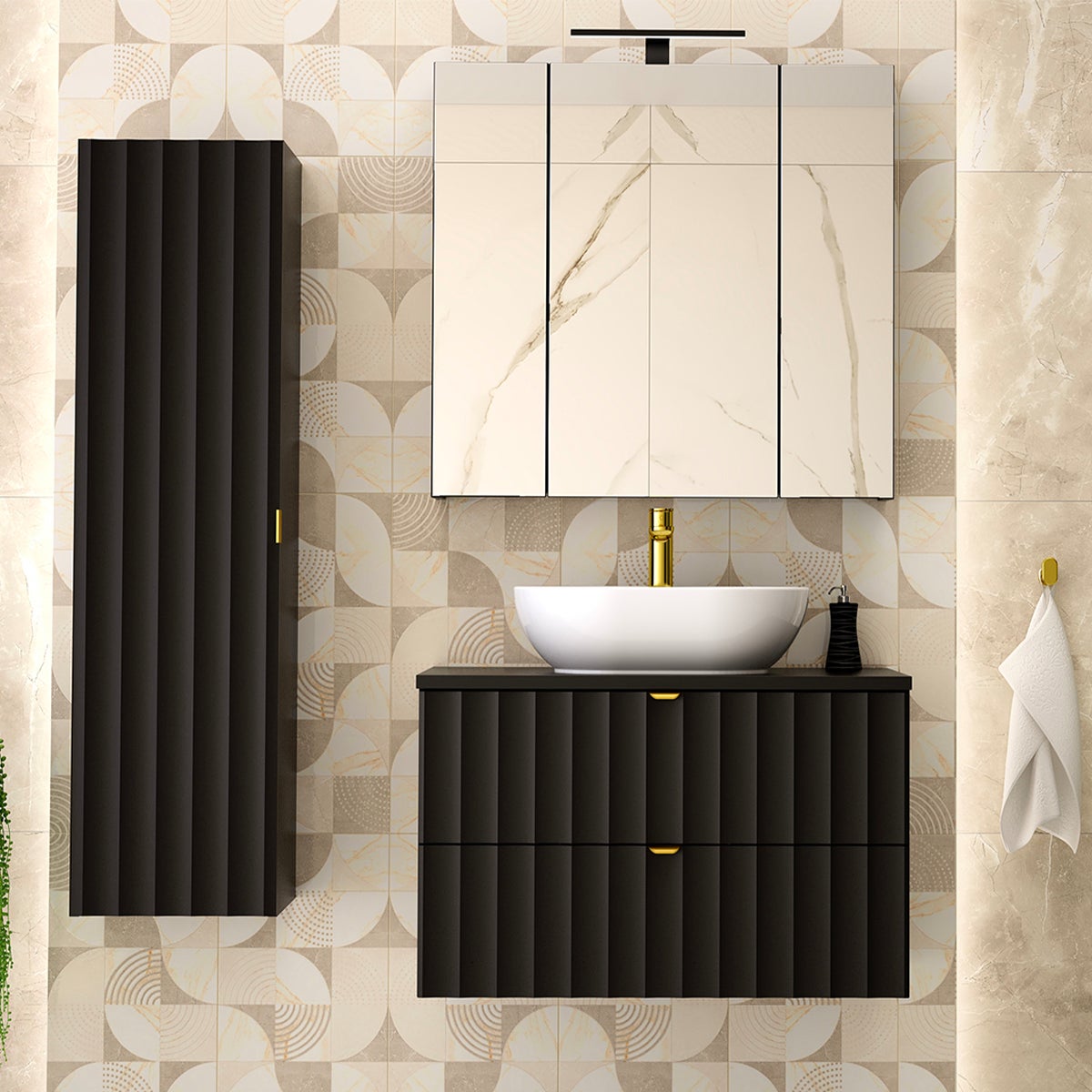 Conjunto de muebles con lavabo individual 80cm y columna lexa negro