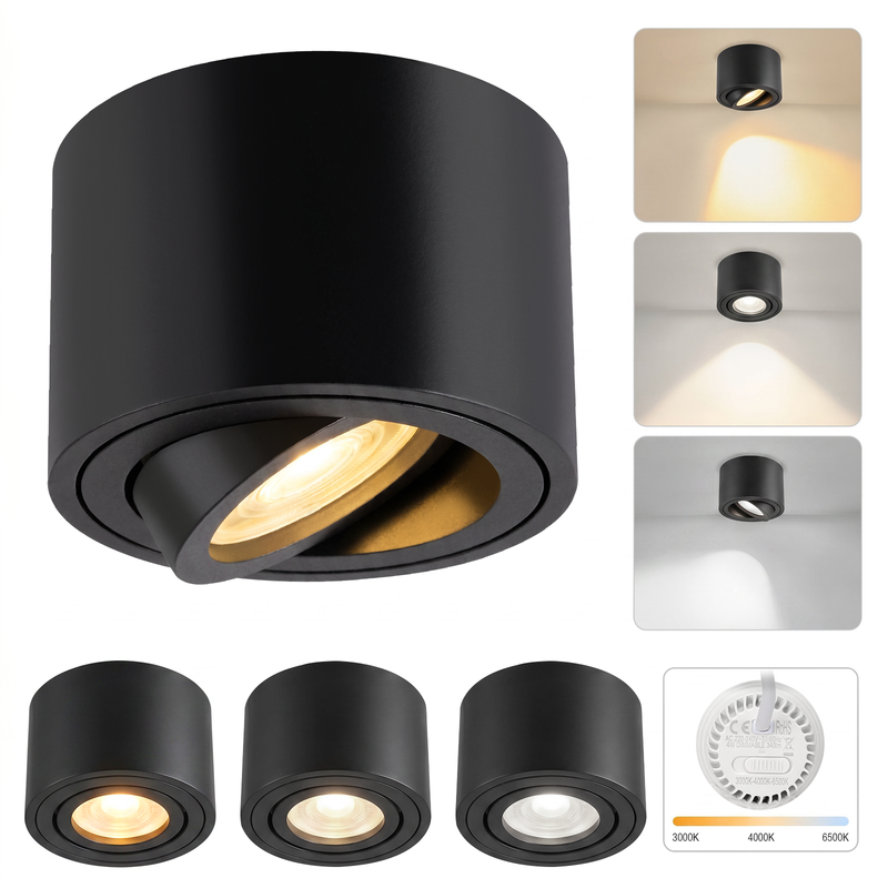 NETTLIFE Lot de 4 LED-uri în Saillie Neagră, Plafon Dimable CCT 3000K-6500K, Ø80x50mm Extra Plat Aluminium, Orientabil 30°, Luminar Plafon