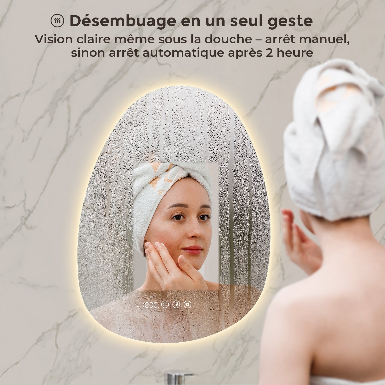 S'AFIELINA Miroir de Salle de Bain avec Éclairage Asymétrique 60 x 45 cm, 3 Couleurs de Lumière Réglables, Antibuée, Bluetooth, Horloge, Température - 5