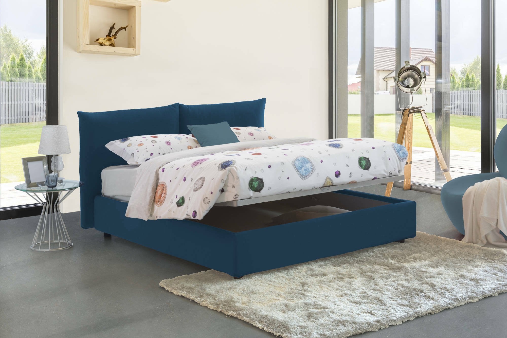 Lit Double Made in Italy, Déhoussable avec Coffre, Matelas 160x200 cm, bleu - Aghineo - 4