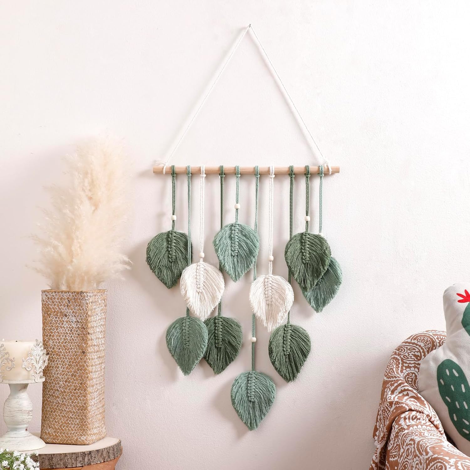 40 x 90 cm Tapisserie en macramé, tissée à la main, style bohème, motif feuilles gris-vert, décoration rustique à pompons pour chambre, salon, do - 4