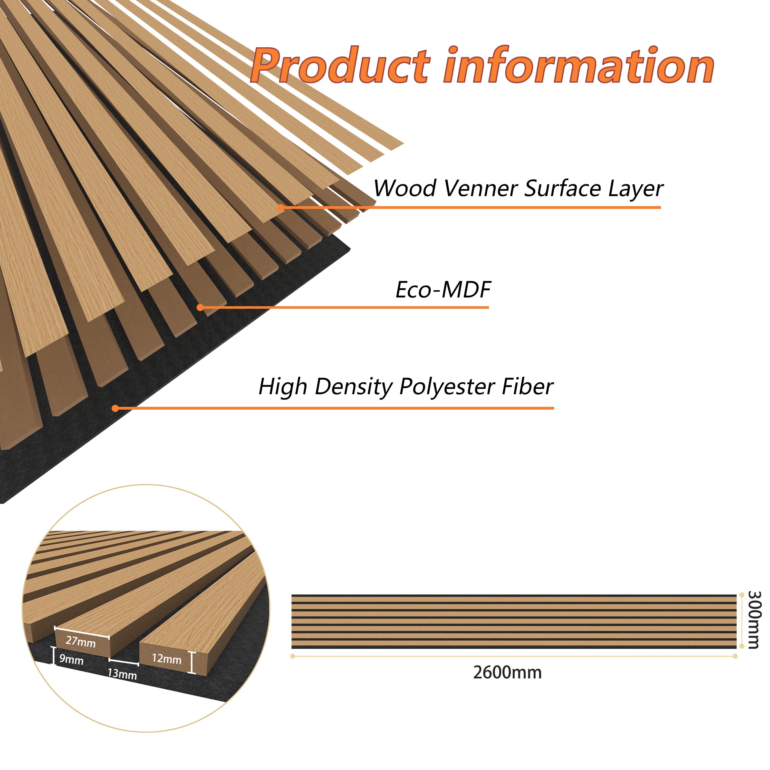 Lot de 3 Panneaux Muraux Décoratifs Acoustiques Bois MDF 260x30cm Chêne foncé AntiBruit, Facile à Poser - 2