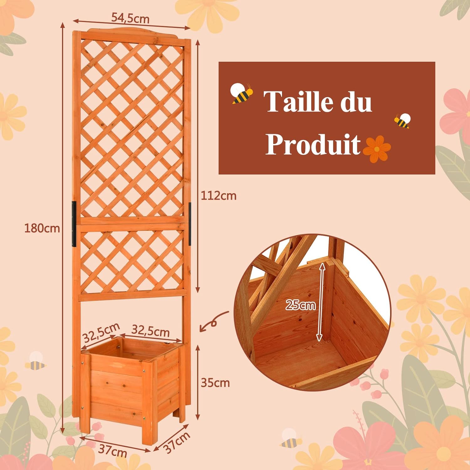 Jardinière avec Treillis 180 CM en Bois, avec Trou de Drainage pour Plantes Grimpantes, Fleurs, Jardinière pour Cour, Jardin, Balcon - 6