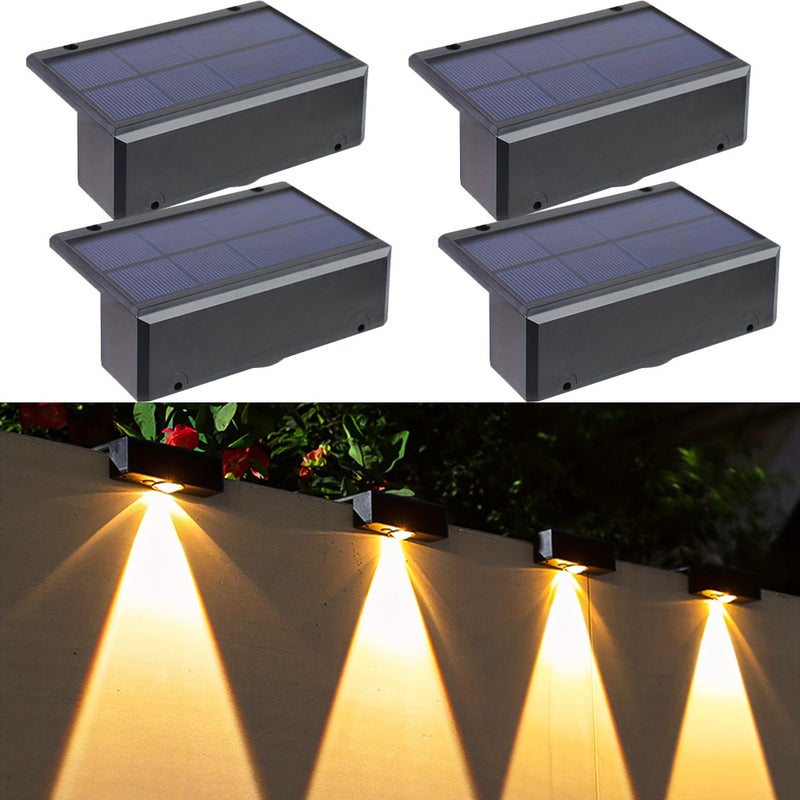 Zestaw 4 bardzo jasnych słonecznych lamp ściennych, automatyczne włączanie/wyłączanie, wodoodporne słoneczne lampy ogrodzeniowe LED, ciepła biel