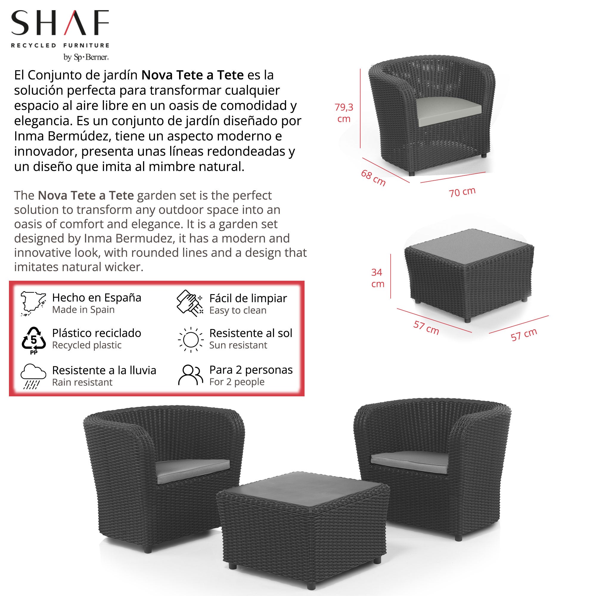 Shaf - Nova Tête à Tête | Set Muebles de Jardin de Color Antracita | Fabricado en España con Materiales Reciclados - 3