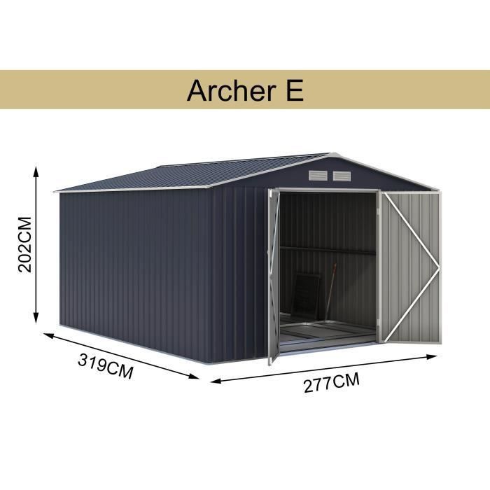 Abri de jardin en métal 8,84 m² - 277 x 319 x 202 cm - Kit d'ancrage inclus - Gris - Youdoit - 7