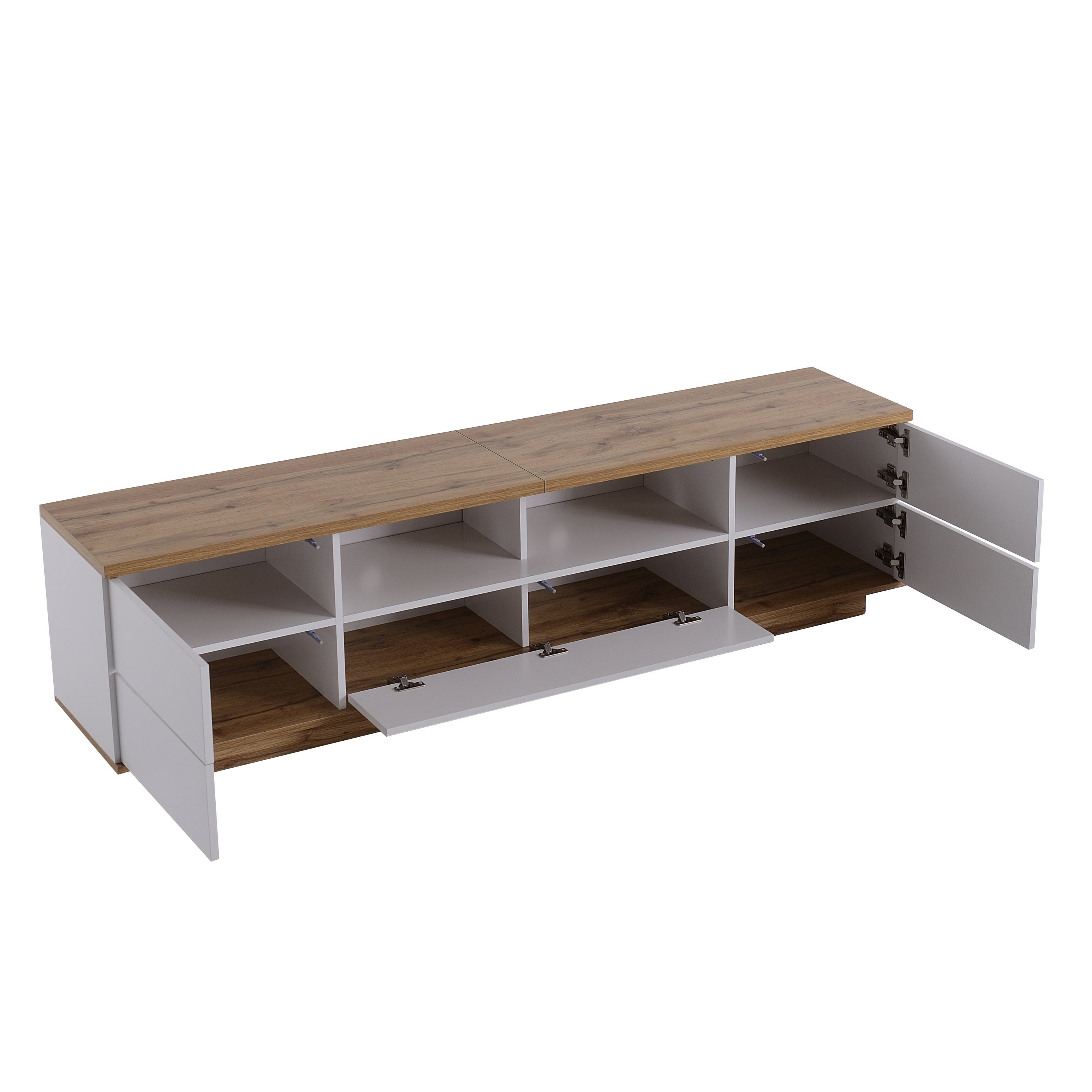 Meuble TV scandinave contemporain 180cm en bois - 5 portes + 8 compartiments - Naturel & Blanc - 7