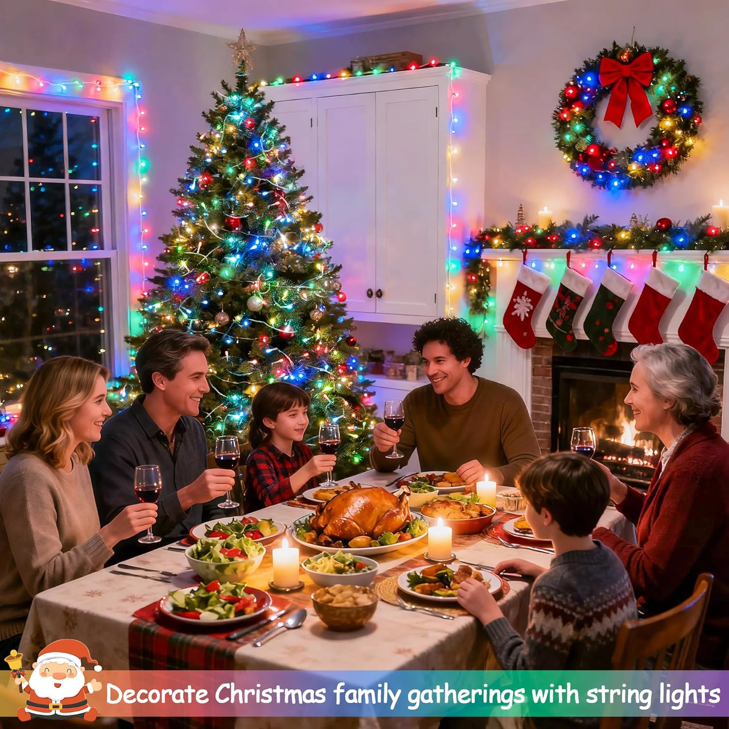 Guirnalda de luces LED navideñas para interior y exterior, 10 m - 80 LED, Luces para árbol de Navidad, funciona con pilas, resistente al agua, 8 modos - 7