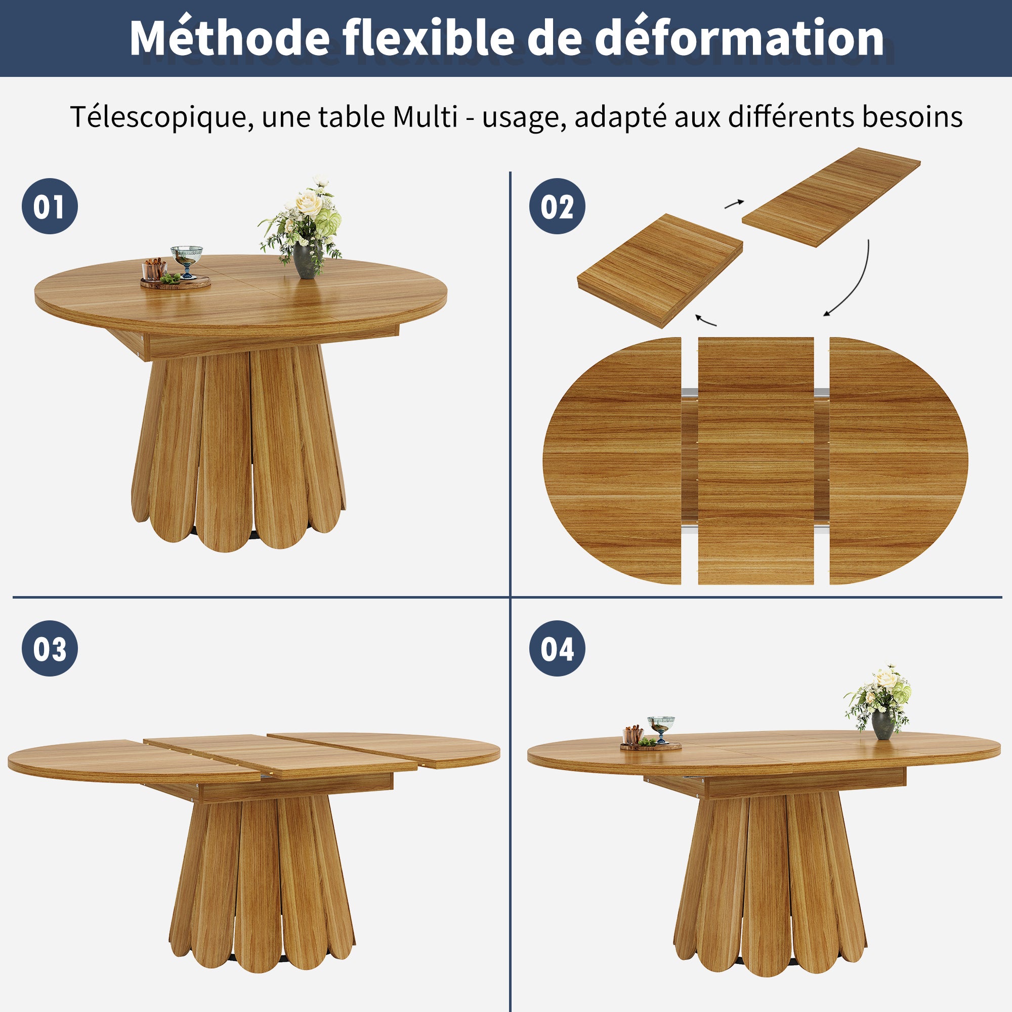 Table a Manger Extensible ronde en ovale, Table de cuisine jusqu'à 6 couverts, Pour Balcon et Salon, Marron(118×118~158×76,8cm) - 4