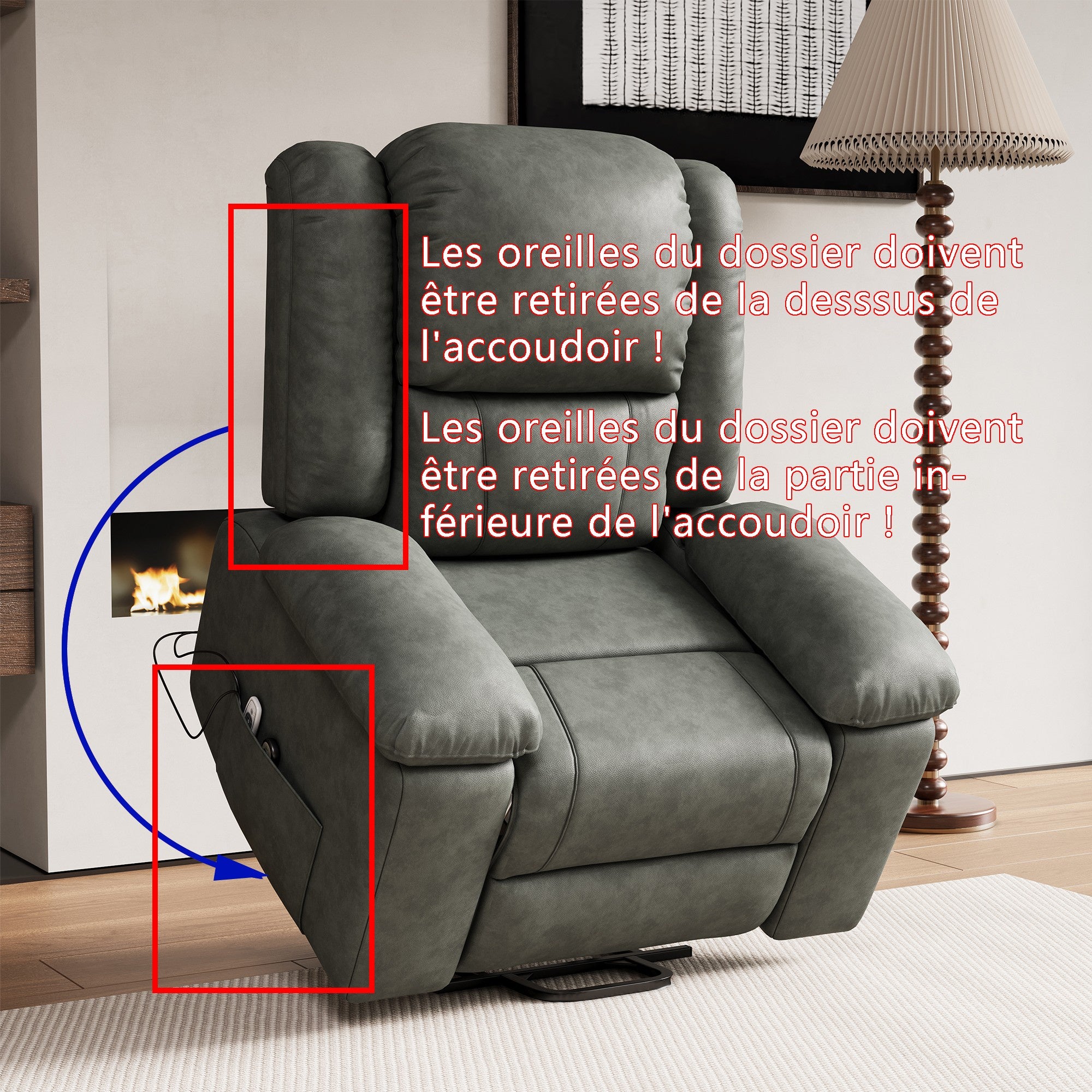 Fauteuil Électrique Releveur et Inclinable avec Fonction Massage - Chauffant 8 Points, Ports USB - Pour Seniors et Dégaine - Gris - 7