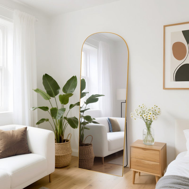 Lustro pełnej długości 162 x 52 cm, RATTANTREE lustro łukowe, lustro stojące ze stojakiem, lustro łukowe pełnej długości, złote, stojące lub uchylne