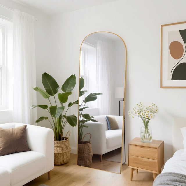 Specchio a figura intera 162 x 52 cm, specchio arcuato, specchio da terra con supporto, specchio arcuato a figura intera, oro, da terra o inclinabile