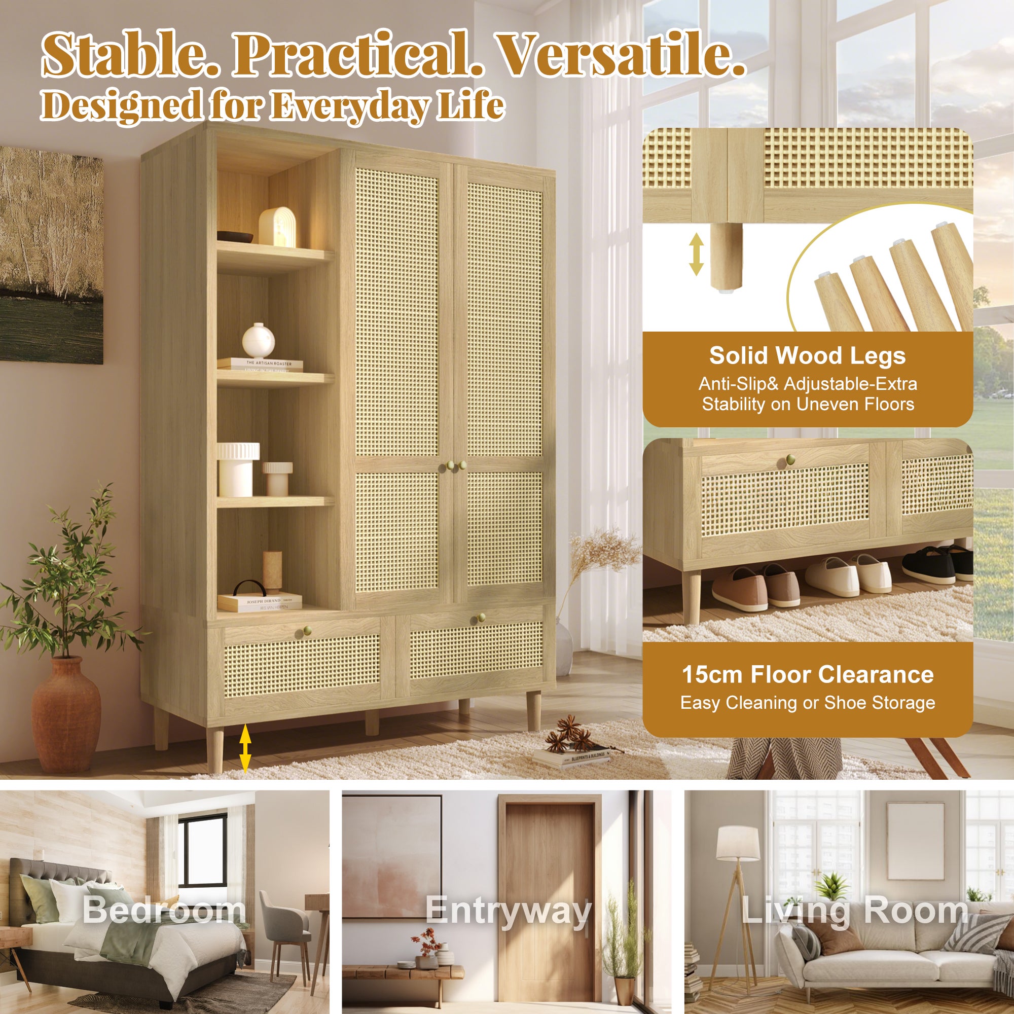 Armoire Penderie en Cannage Rotin 180x120x50 cm, 2 Portes avec 2 Tiroirs, tringle vêtements, Style Bohème Chic - Chêne - 8