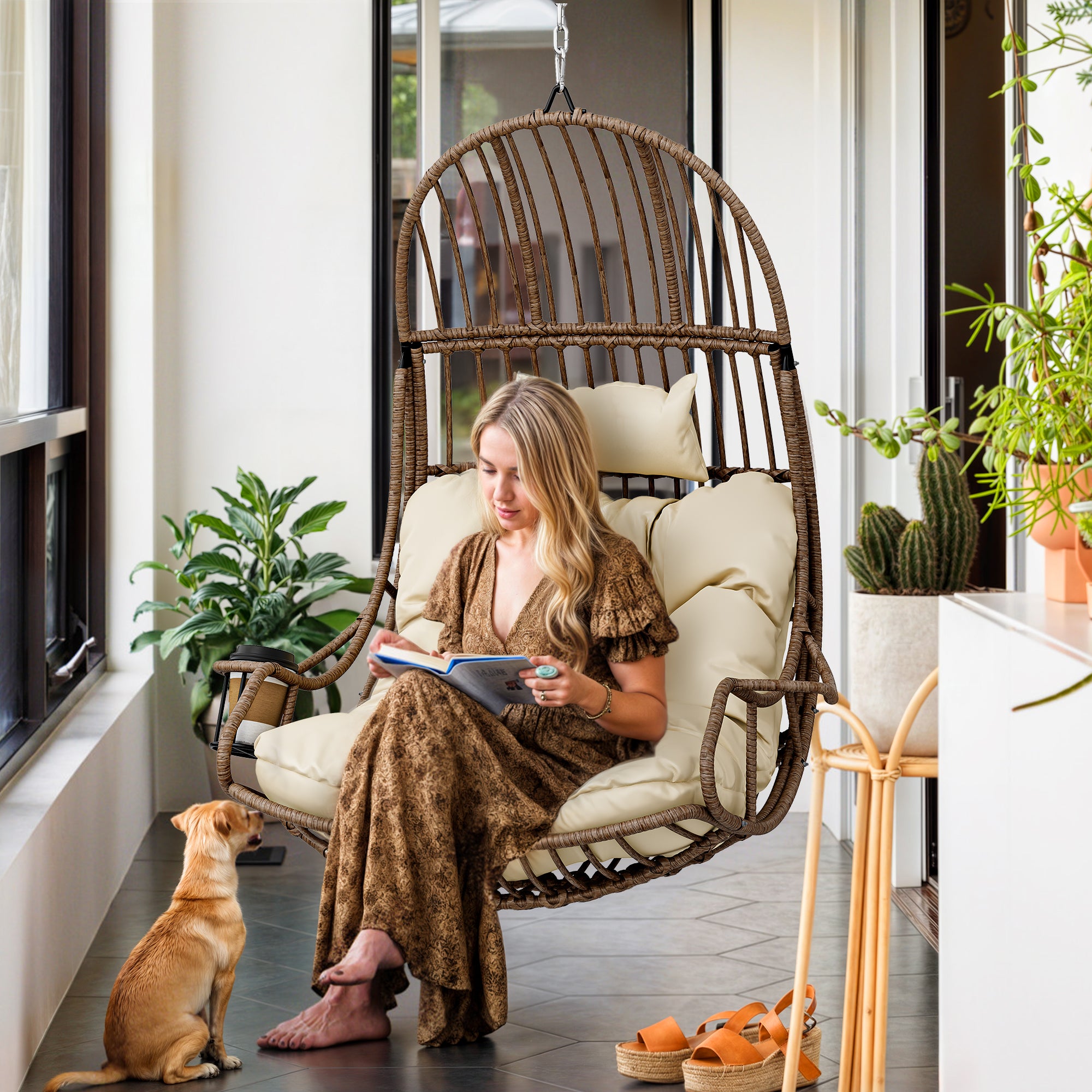 BALCONERA Fauteuil suspendu suspendu en forme d'œuf, charge maximale 150 kg, avec coussin et porte-gobelet - 7