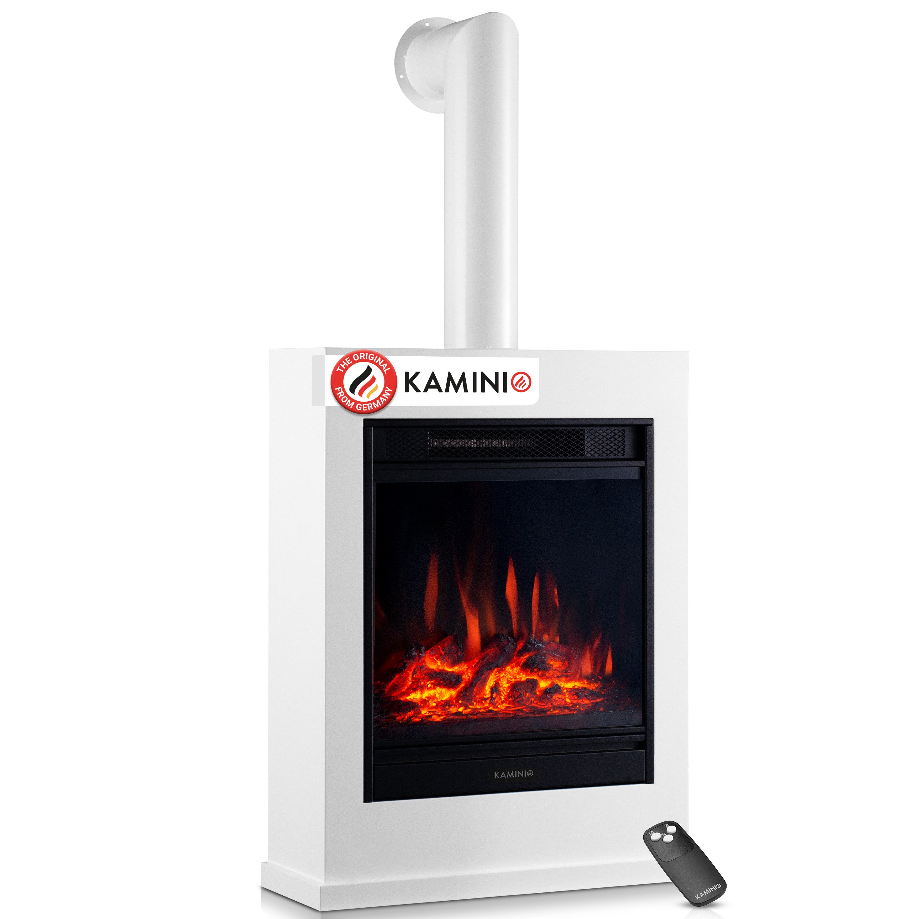 KAMINIO Kominek elektryczny KALLE z rurą kominową – stojący kominek elektryczny z ogrzewaniem, efektem płomienia 3D, pilotem – Biały
