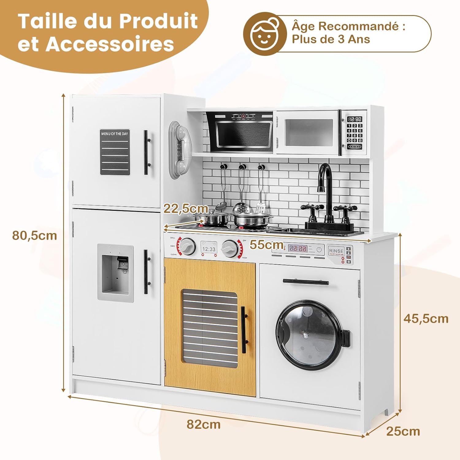 Cuisine Enfant avec Effets Sonores et Lumières, Jeu de Cuisine Enfant avec Machine à Laver & Micro-Ondes, Distributeur d'eau & Téléphone, Blanc - 5