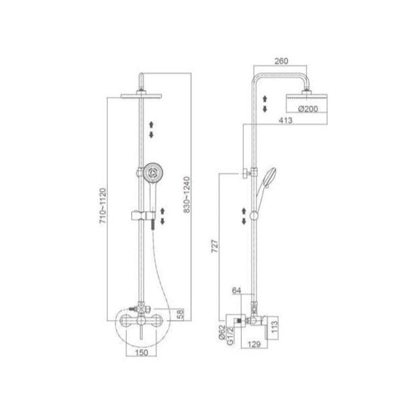 Valaz Barra de chuveiro redonda com alavanca única ajustável até 120 cm, ouro escovado - Série Ebro - 25 cm - 2